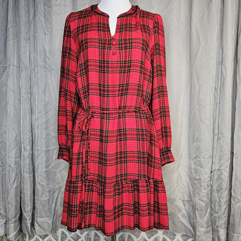 LOFT Shimmer Plaid Tango Red Split Neck Waist Tie Ruffle Hem Flounce Swing Dress